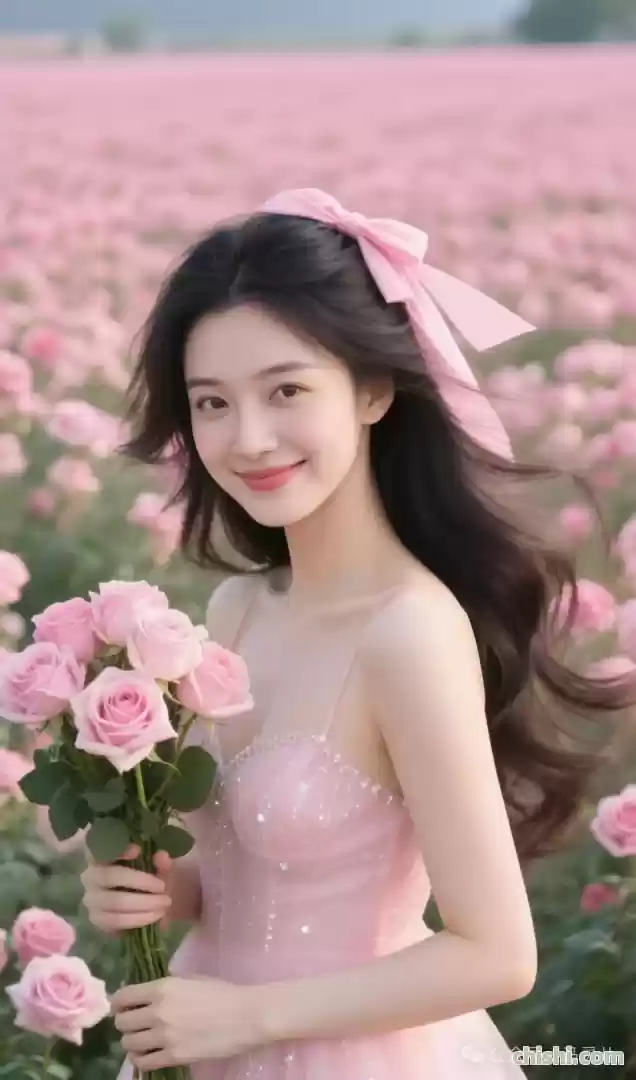 粉色花海里娇俏可人的粉色系美女